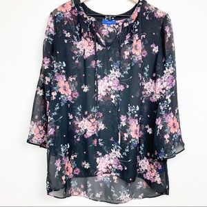 Apt 9 Floral Top Tie Neck Bell Sleeve Black Pink